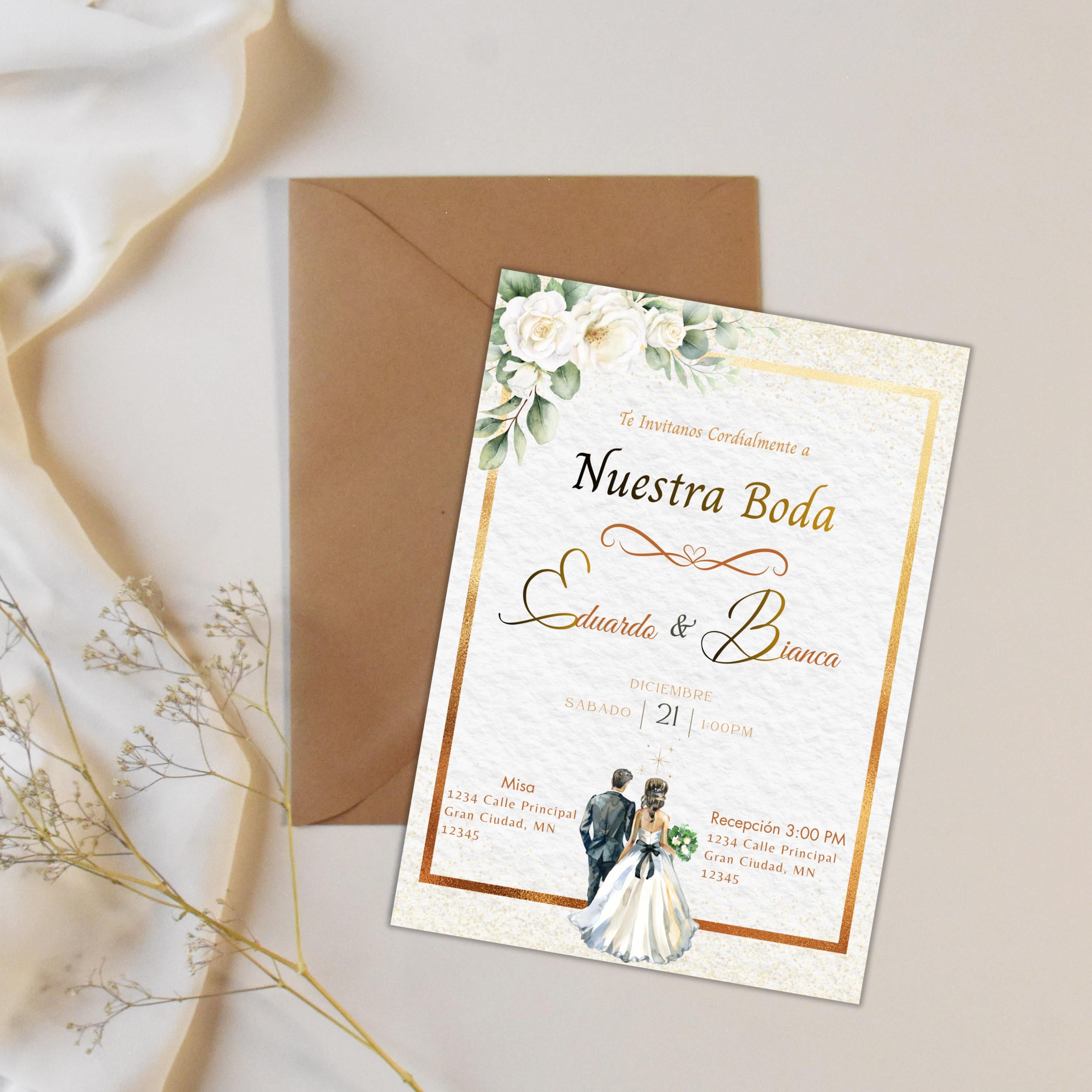 Spanish/English Elegant Wedding Invitation, Gold Floral Boho design, Bilingual Editable Digital Invite