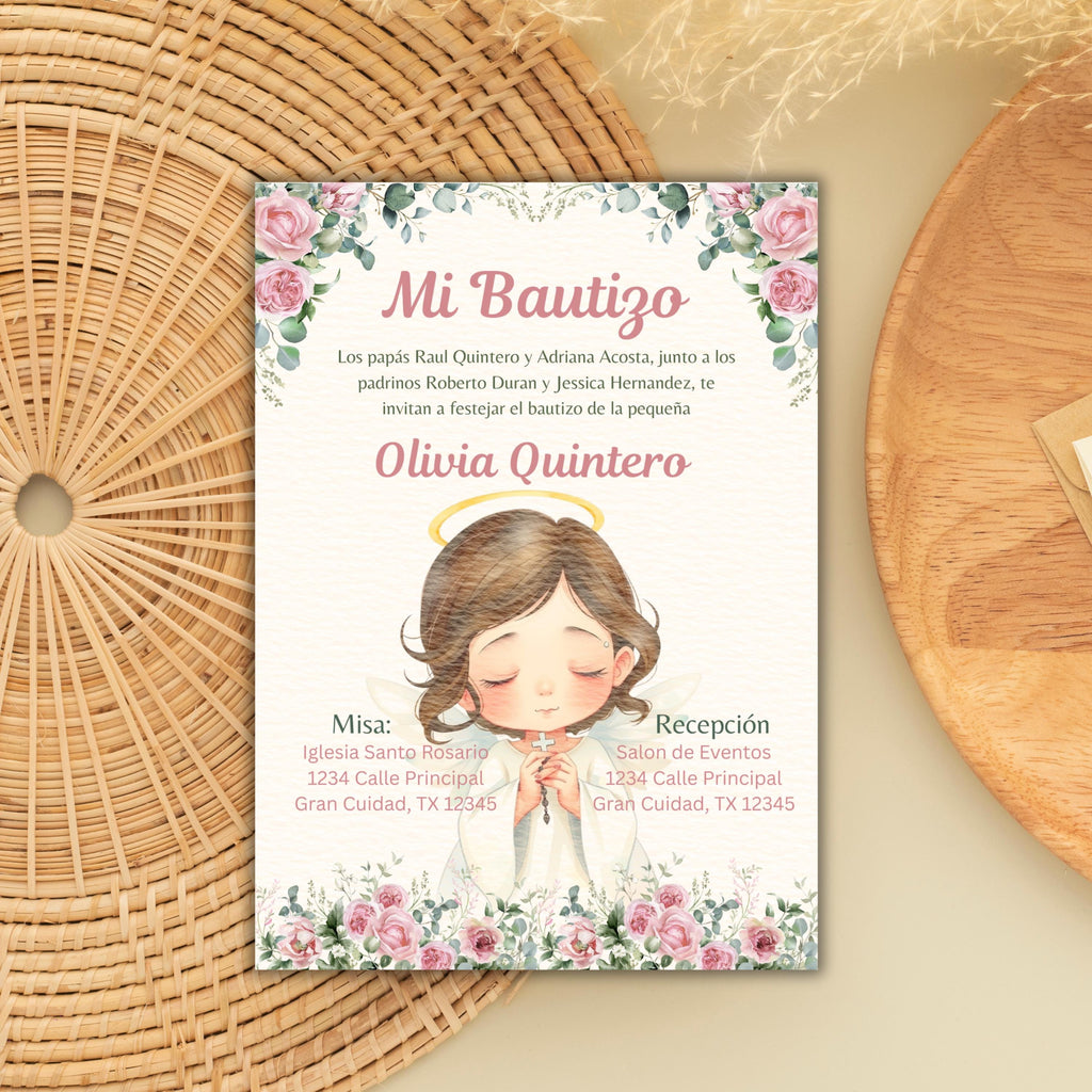 Editable Baptism Invitation, Pink & Green Floral Printable Christening Invite, Instant Download Template