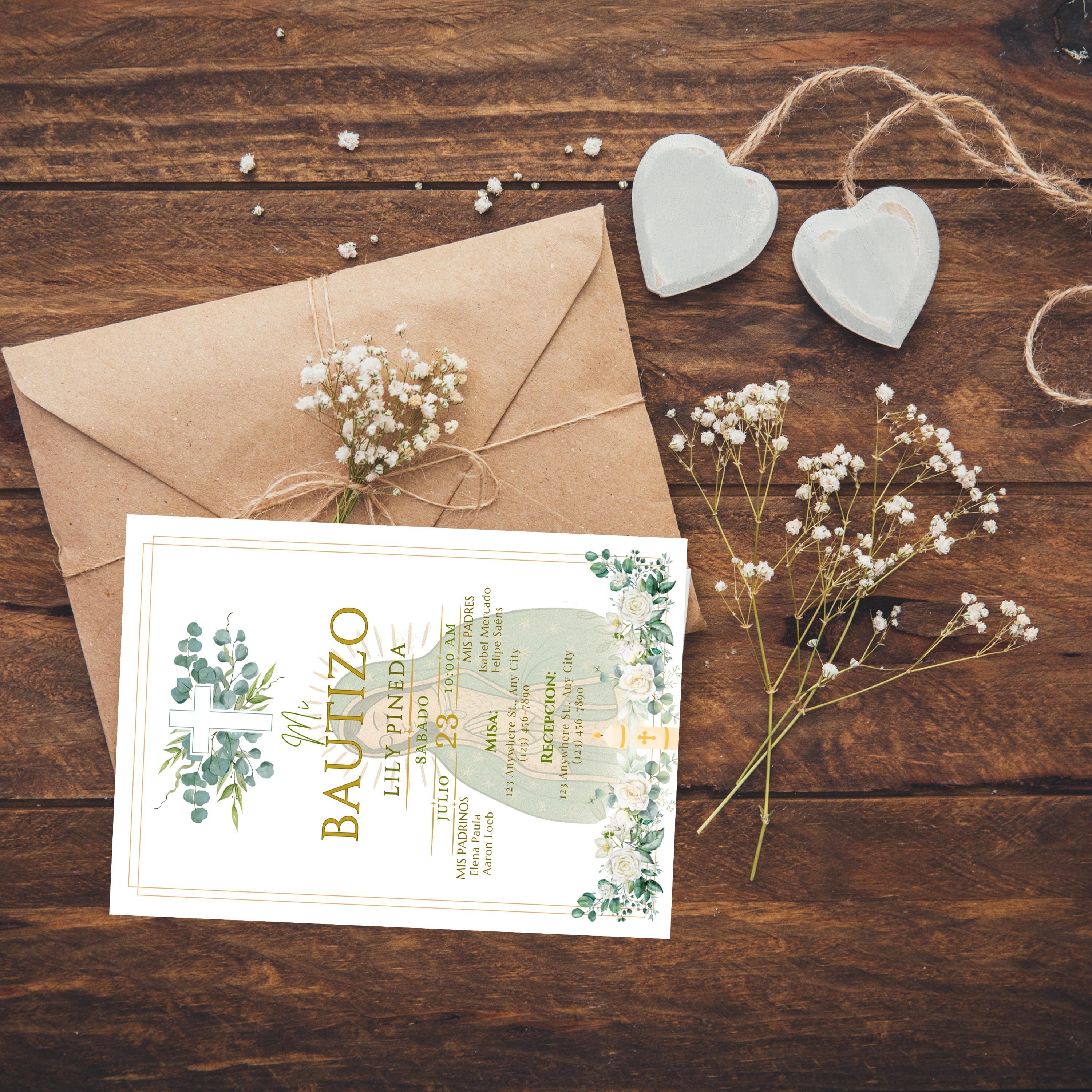 Virgin of Guadalupe Baptism Invitation, Floral Spanish Bautismo (PDF File)