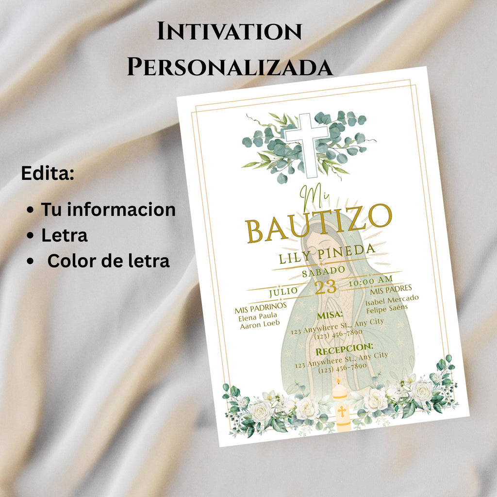 Virgin of Guadalupe Baptism Invitation, Floral Spanish Bautismo (PDF File)