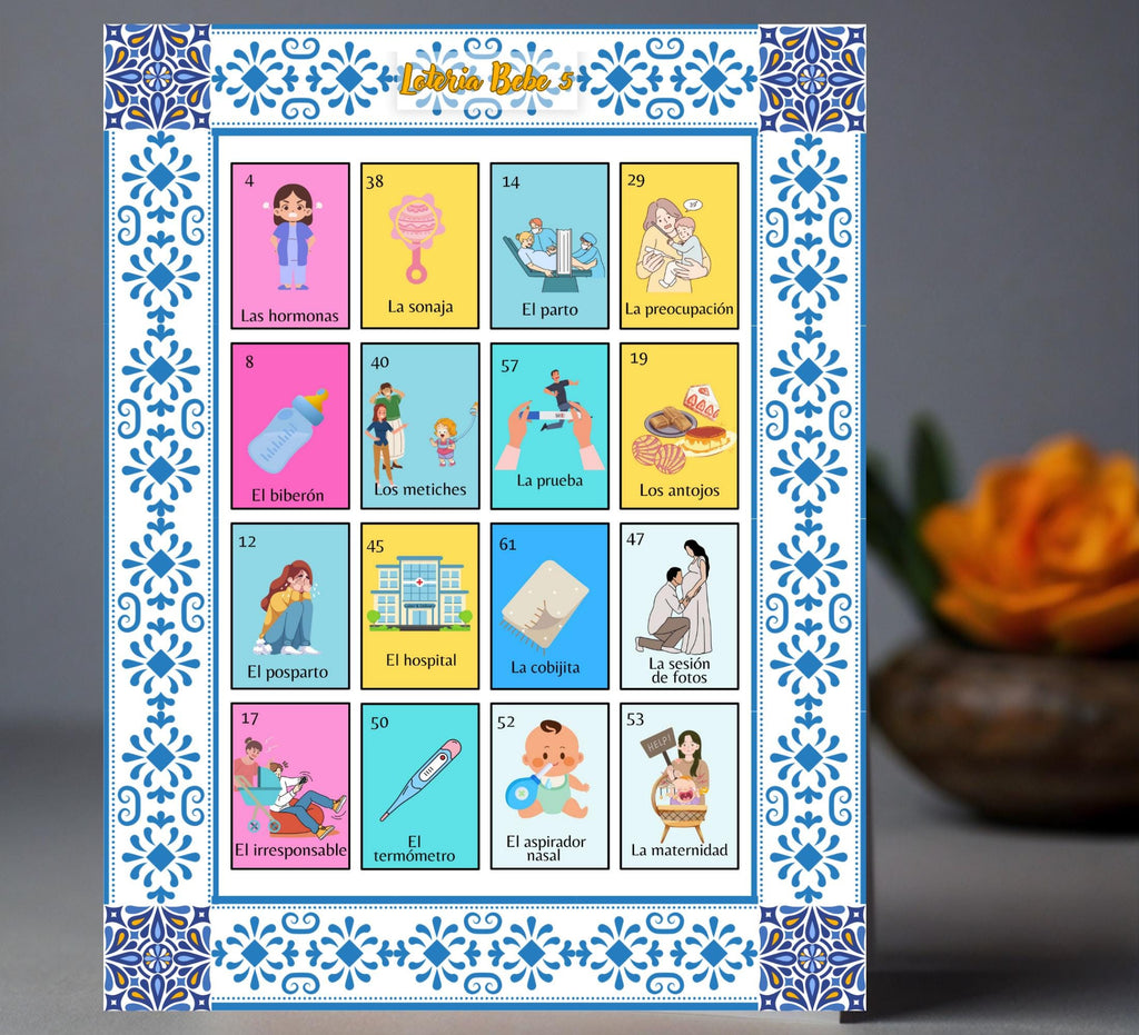 Talavera Baby Shower Loteria Game: Mexican Theme, Blue Design (PDF Downloadable Cards and Boards)