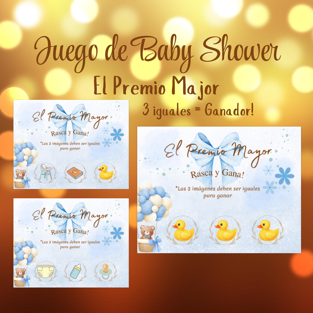 Spanish Baby Shower Jackpot, El Premio Mayor Scratch-Off Cards, Blue Baby Boy Party Game