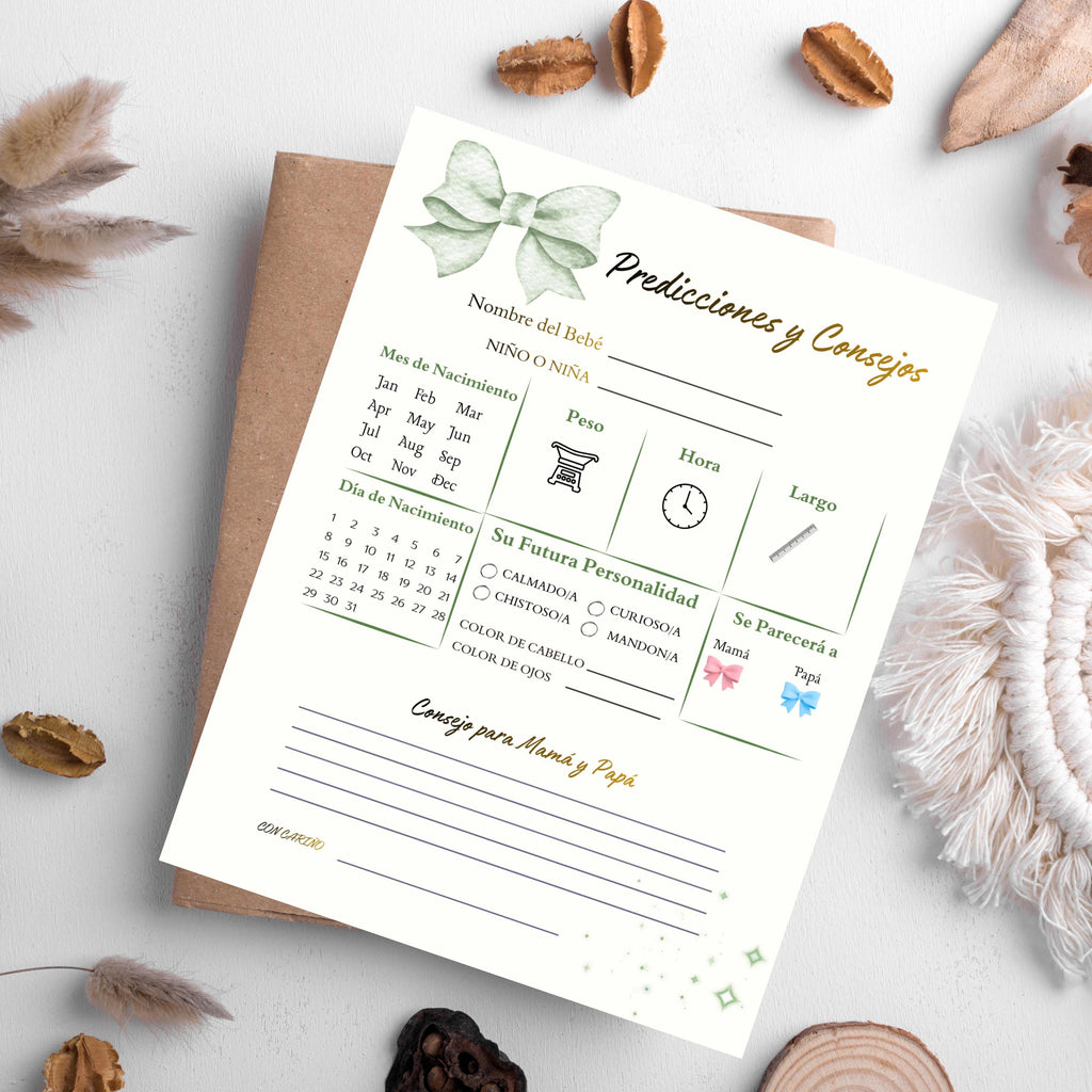Spanish Baby Shower Prediction and Advice Card Printable, Gender Neutral Green Baby Activity Game