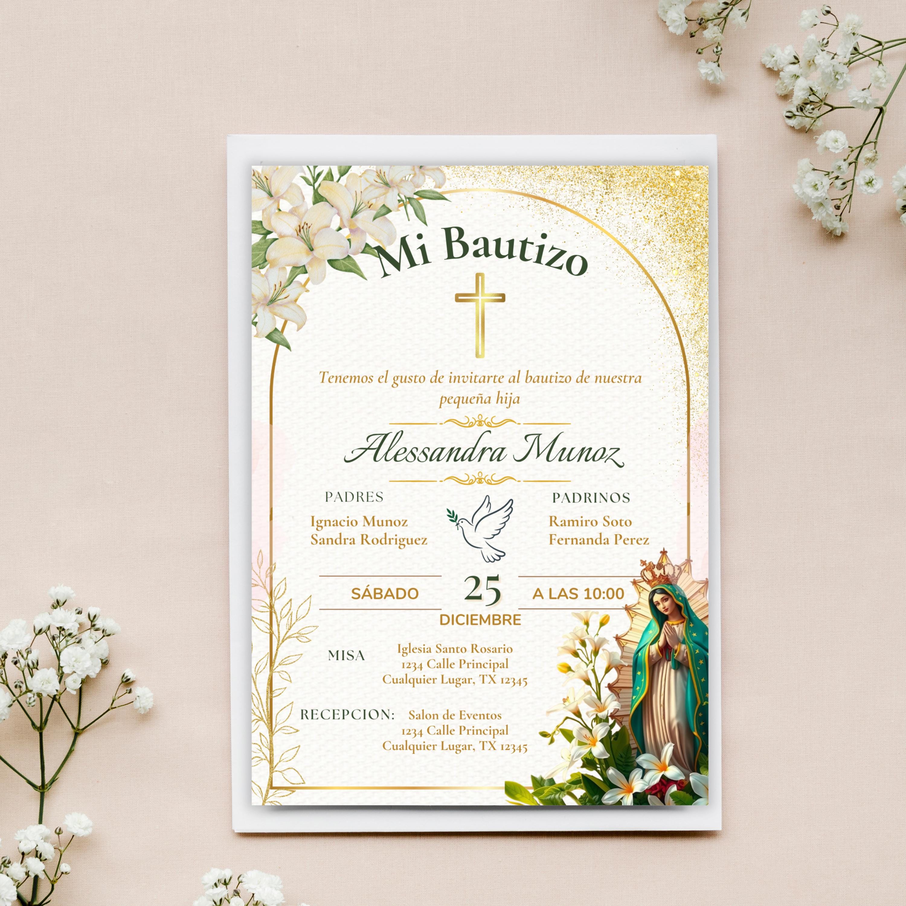 Baptism Editable Virgen de Guadalupe Invitation, Spanish/English Religious Invite,  Personalized Christening Invitation