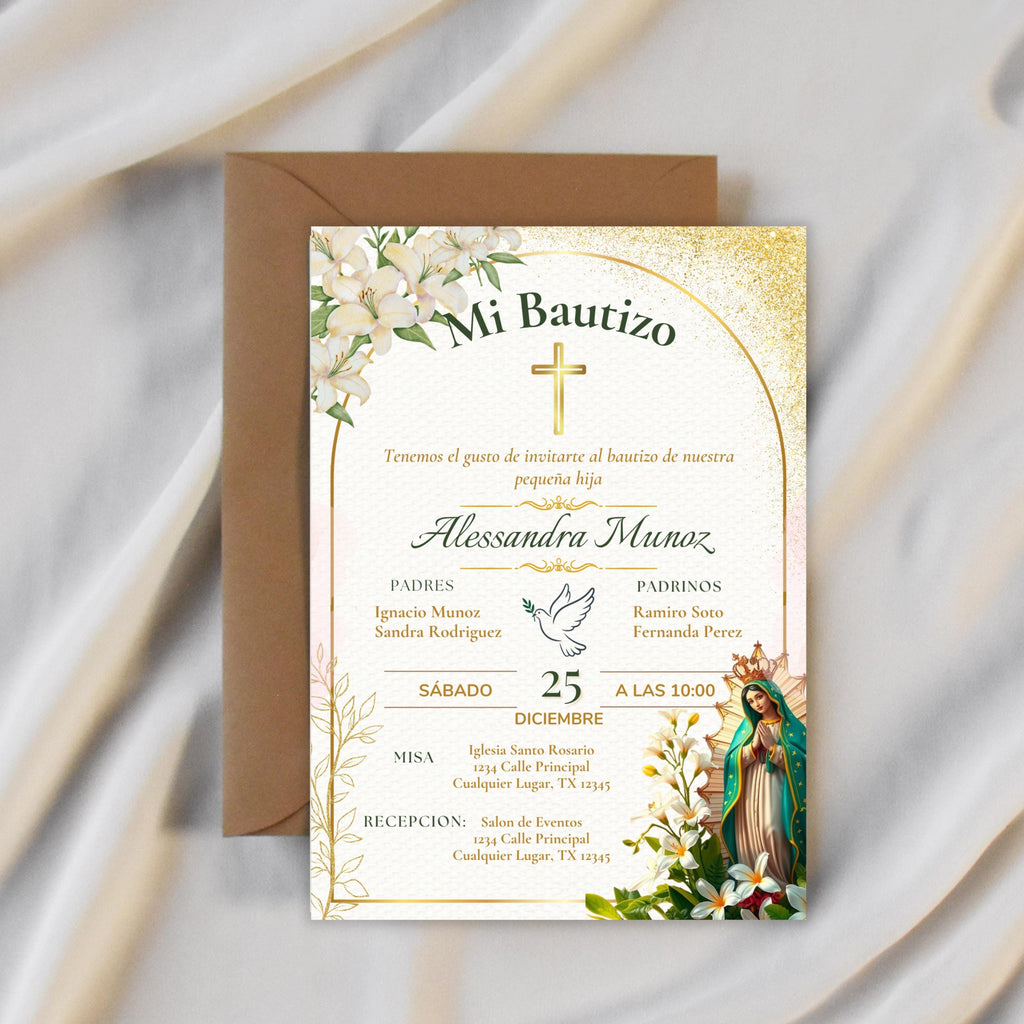 Baptism Editable Virgen de Guadalupe Invitation, Spanish/English Religious Invite,  Personalized Christening Invitation