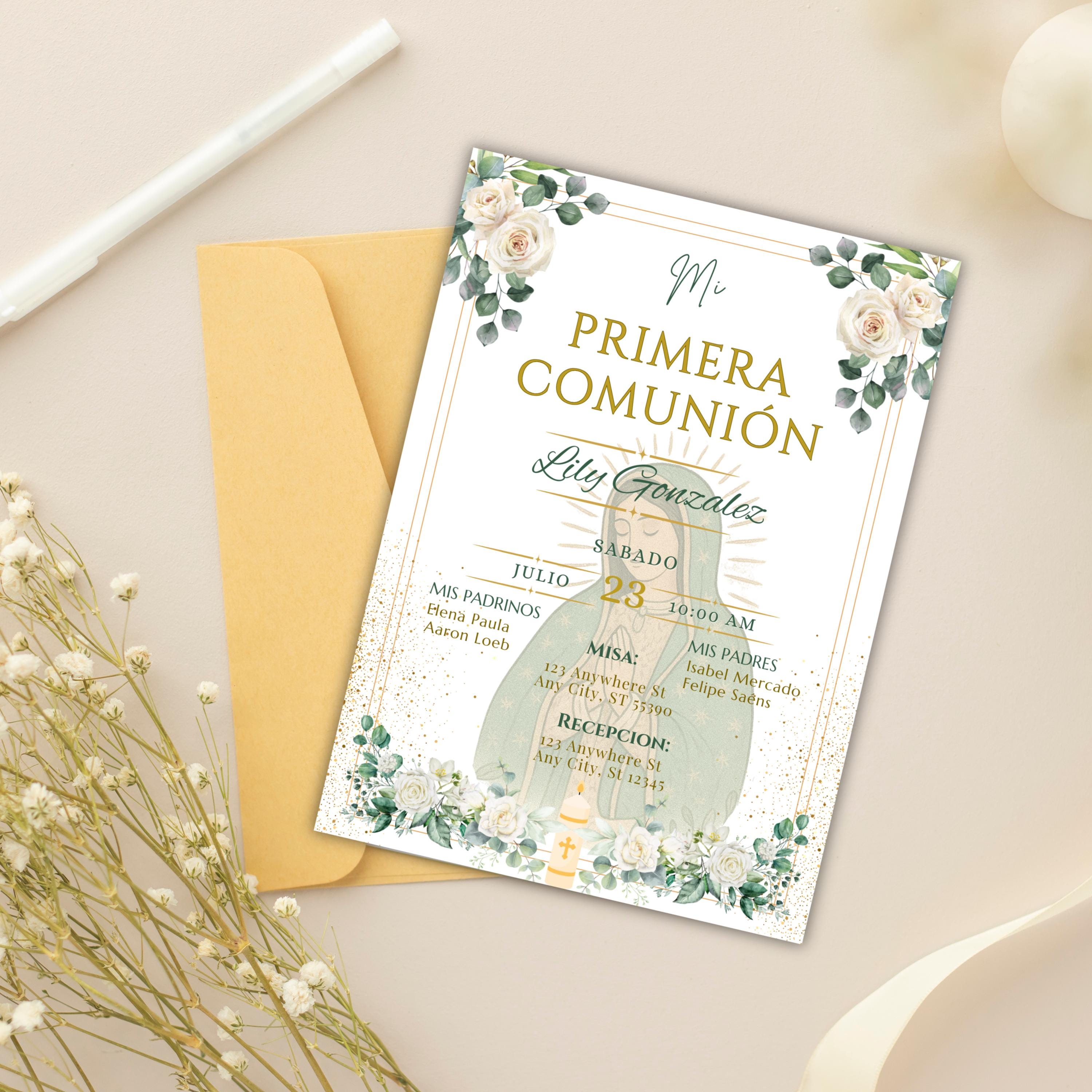 La Virgen De Guadalupe First Communion Invitation: Green & Gold Floral design Invite