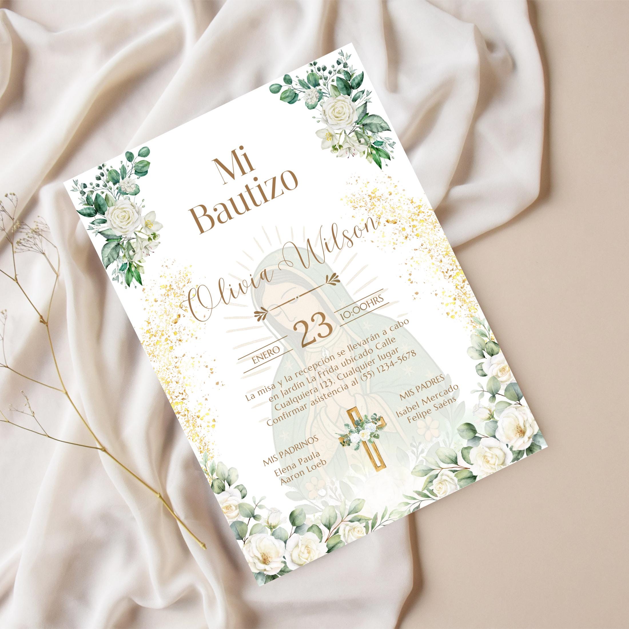 Invitacio de Bautizo Para Nina o Nino, Virgen de Guadalupe Boho Floral Invite Design