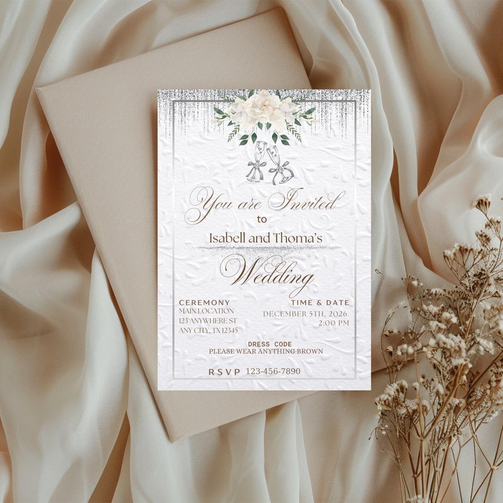 White and Silver Elegant Wedding Invitation, Digital Canva Template For Minimalistic Wedding Invite