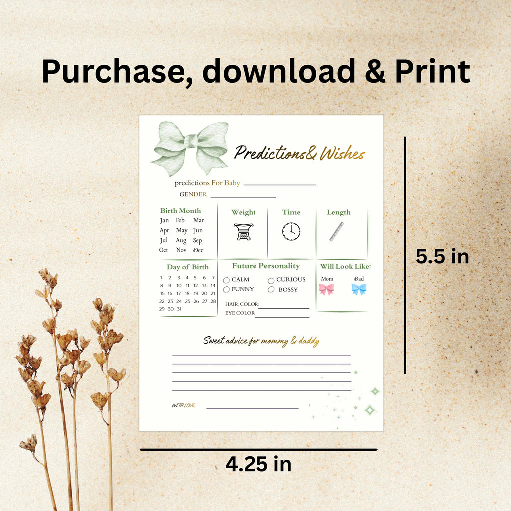 Baby Shower Prediction And Wishes Card, Boho Gender Neutral, Green Printable Cards, Digital Download